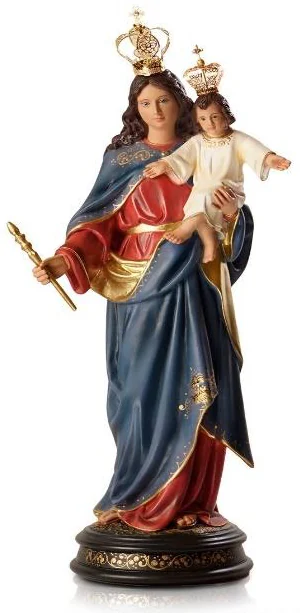 Imagem de Nossa Senhora Auxiliadora coroada, com o Menino Jesus no braço, manto azul, túnica vermelha e cetro na mão direita